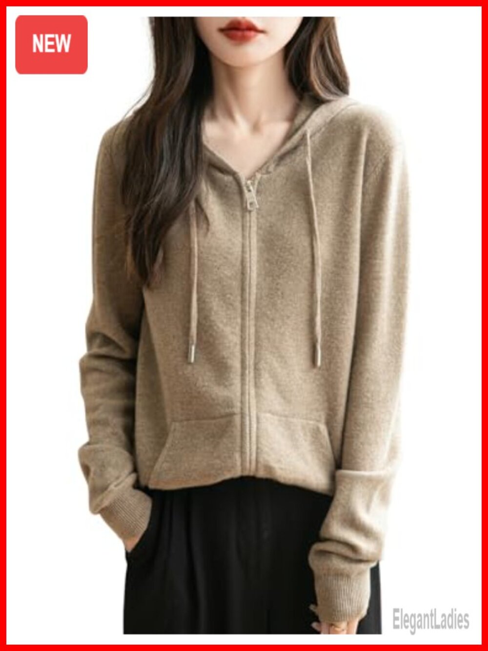 100% Merino Wool Zip Up Hoodie Long Sleeve Knit Sweatshirt Cardigan with Pocket